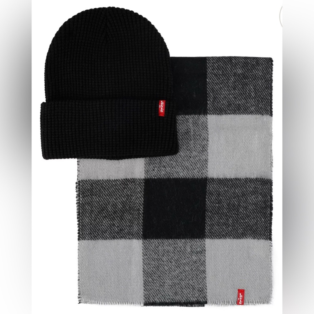 Men's Levi's® Waffle Beanie Hat & Buffalo Plaid Scarf Set